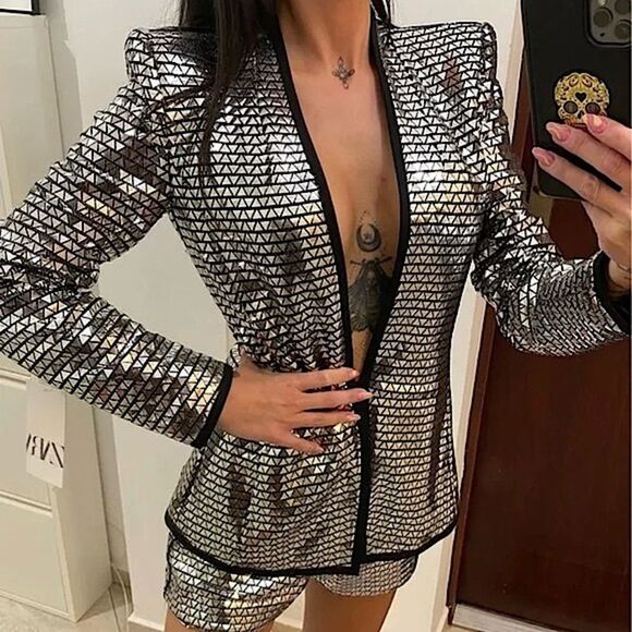 ZARA Blazer Silver Triangle Metallic Sequin Jacket Trinny • BLOGGER FAVORITE • - Picture 8 of 12